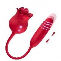 Rose with Tongue and Thrusting Vibrator Silicone 10-Speed each end, RED